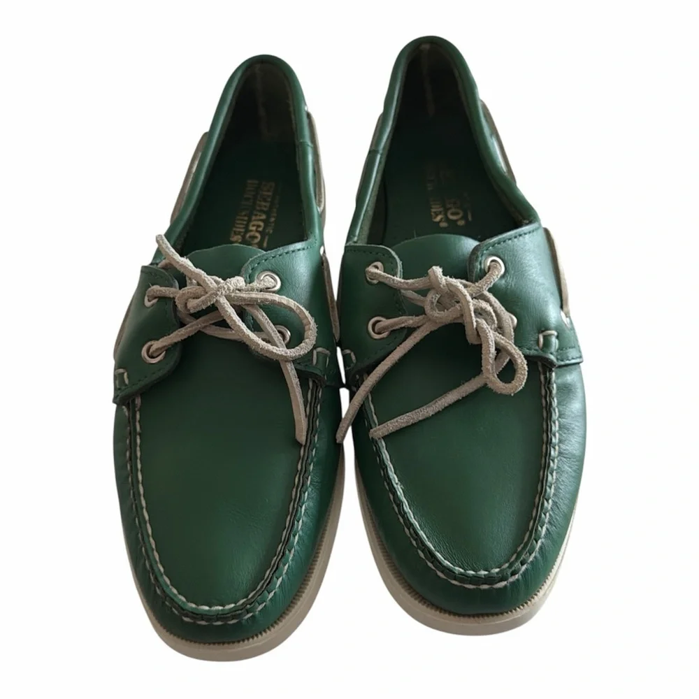 Sebago Green Leather Docksides Portland Loafers with White Laces
